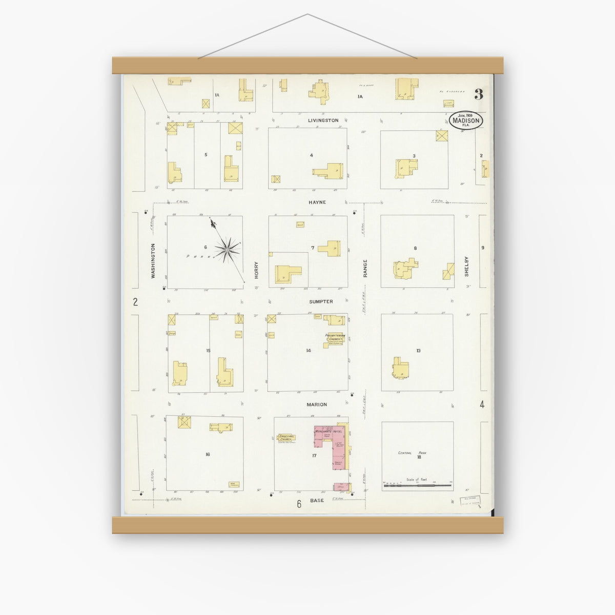 Old map wall art mockup — magnetic wood frame on white wall — Sanborn Fire Insurance Map from Madison, Madison County, Florida (1909), Sheet #0003