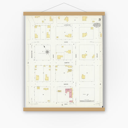 Old map wall art mockup — magnetic wood frame on white wall — Sanborn Fire Insurance Map from Madison, Madison County, Florida (1909), Sheet #0003