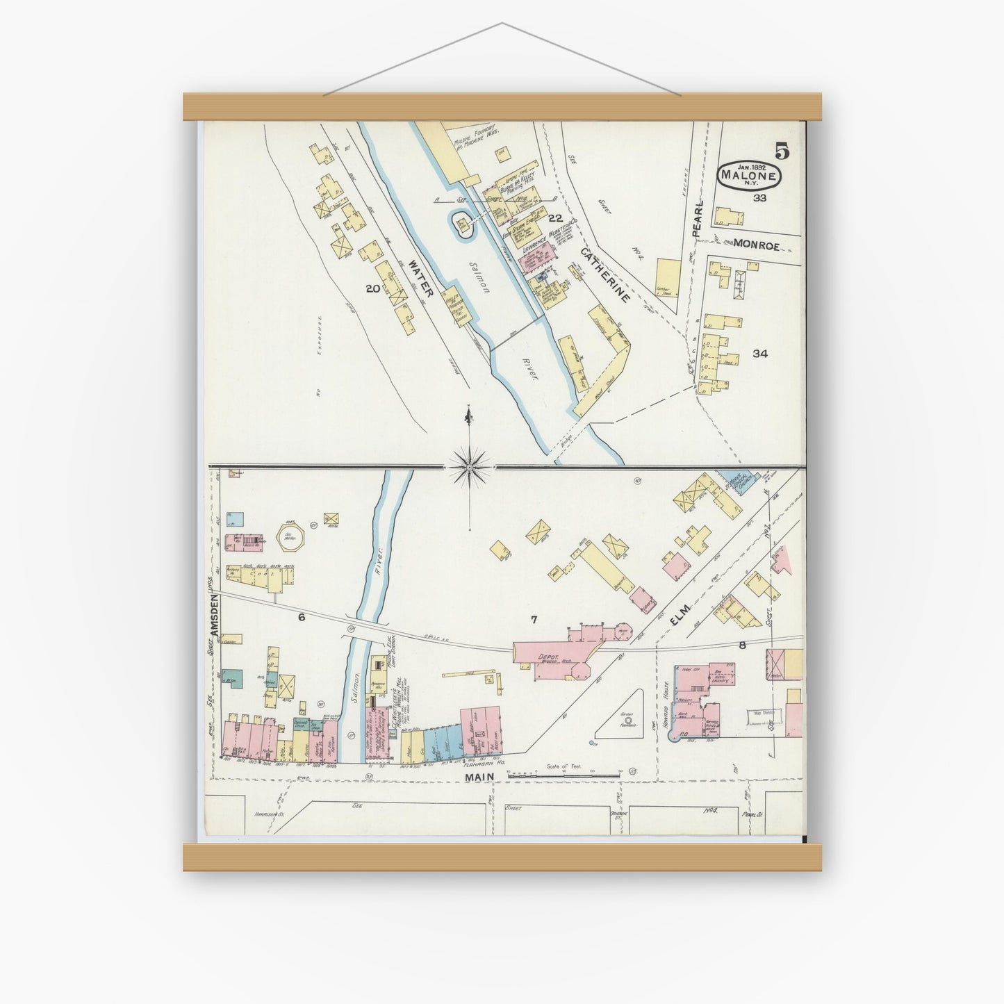 Old map wall art mockup — magnetic wood frame on white wall — Sanborn Fire Insurance Map from Malone, Franklin County, New York (1892), Sheet #0005