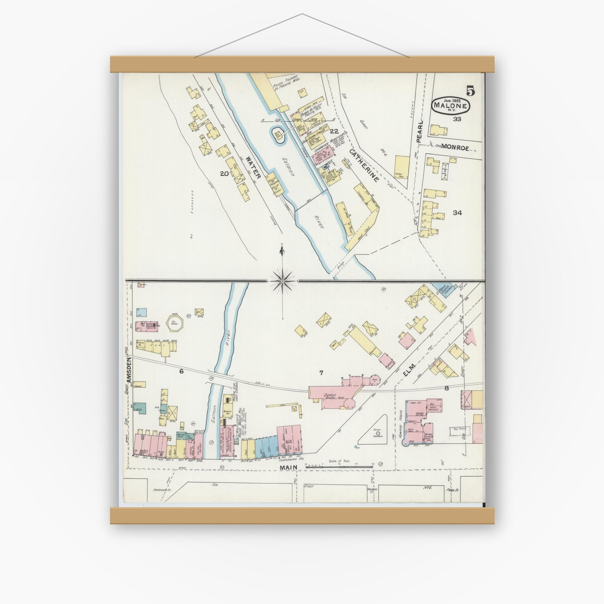 Old map wall art mockup — magnetic wood frame on white wall — Sanborn Fire Insurance Map from Malone, Franklin County, New York (1892), Sheet #0005