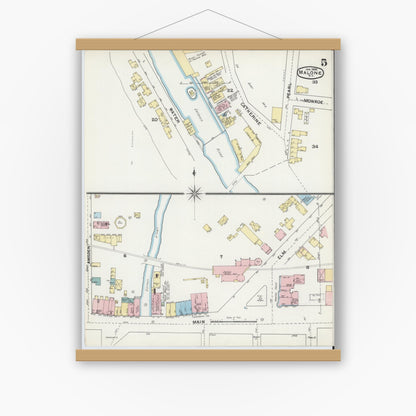 Old map wall art mockup — magnetic wood frame on white wall — Sanborn Fire Insurance Map from Malone, Franklin County, New York (1892), Sheet #0005