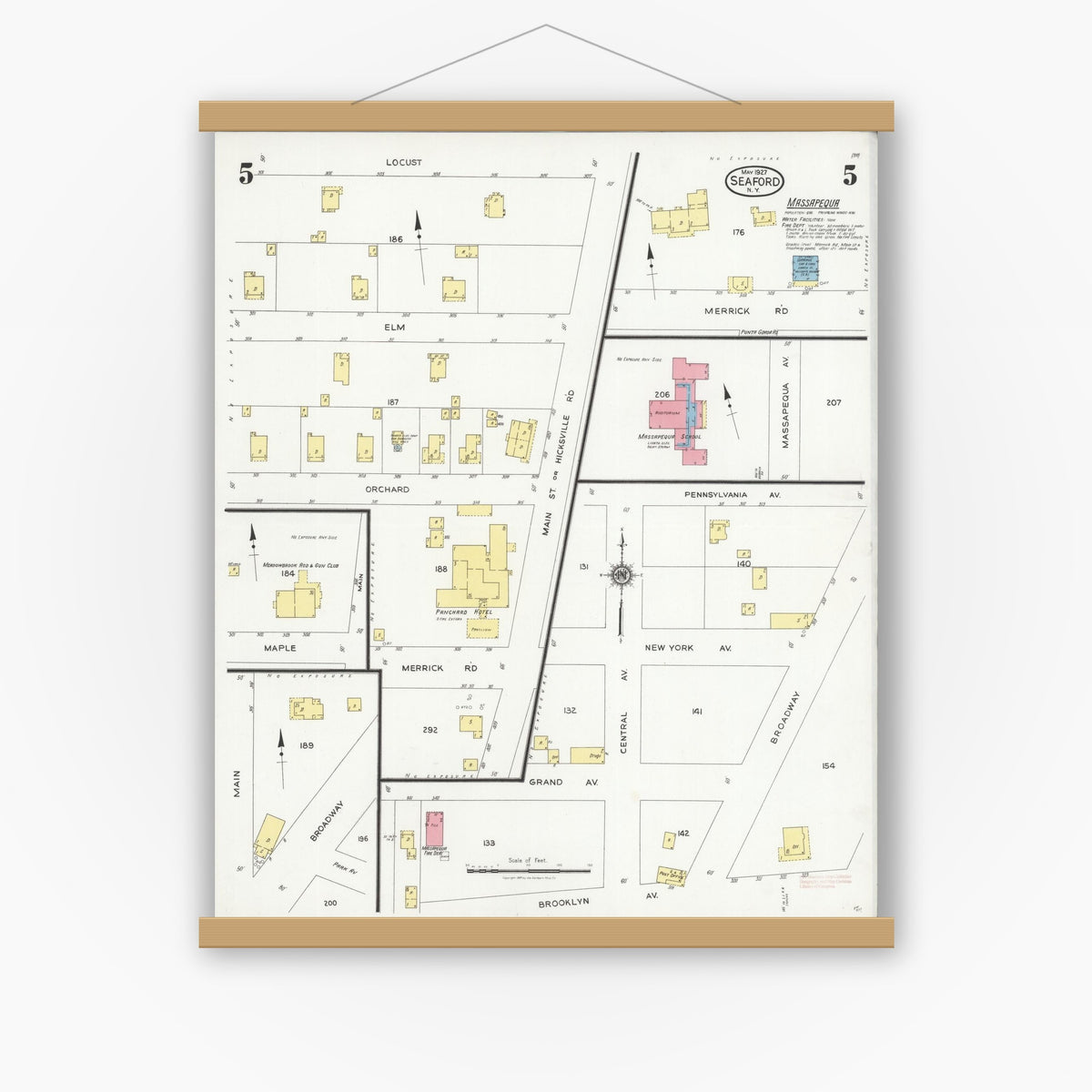 Old map wall art mockup — magnetic wood frame on white wall — Sanborn Fire Insurance Map from Seaford, Nassau County, New York (1927), Sheet #0005