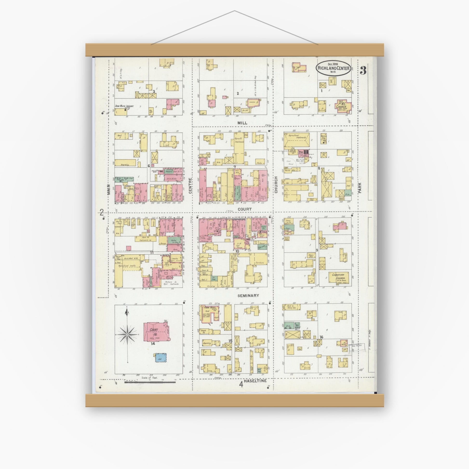 Old map wall art mockup — magnetic wood frame on white wall — Sanborn Fire Insurance Map from Richland Center, Richland County, Wisconsin (1899), Sheet #0003