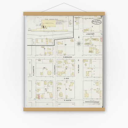 Old map wall art mockup — magnetic wood frame on white wall — Sanborn Fire Insurance Map from Marshall, Harrison County, Texas (1889), Sheet #0007