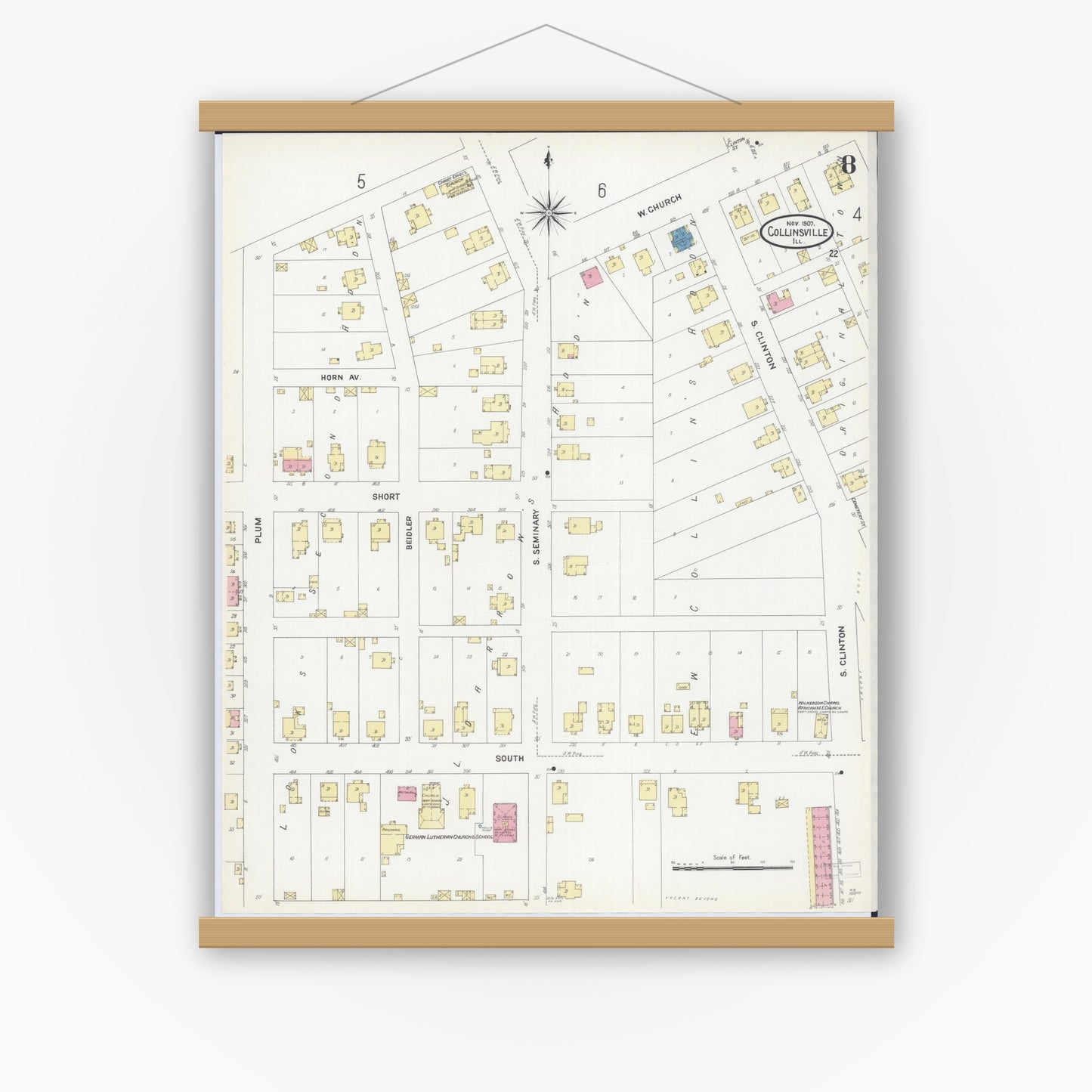 Old map wall art mockup — magnetic wood frame on white wall — Sanborn Fire Insurance Map from Collinsville, Madison County, Illinois (1907), Sheet #0008