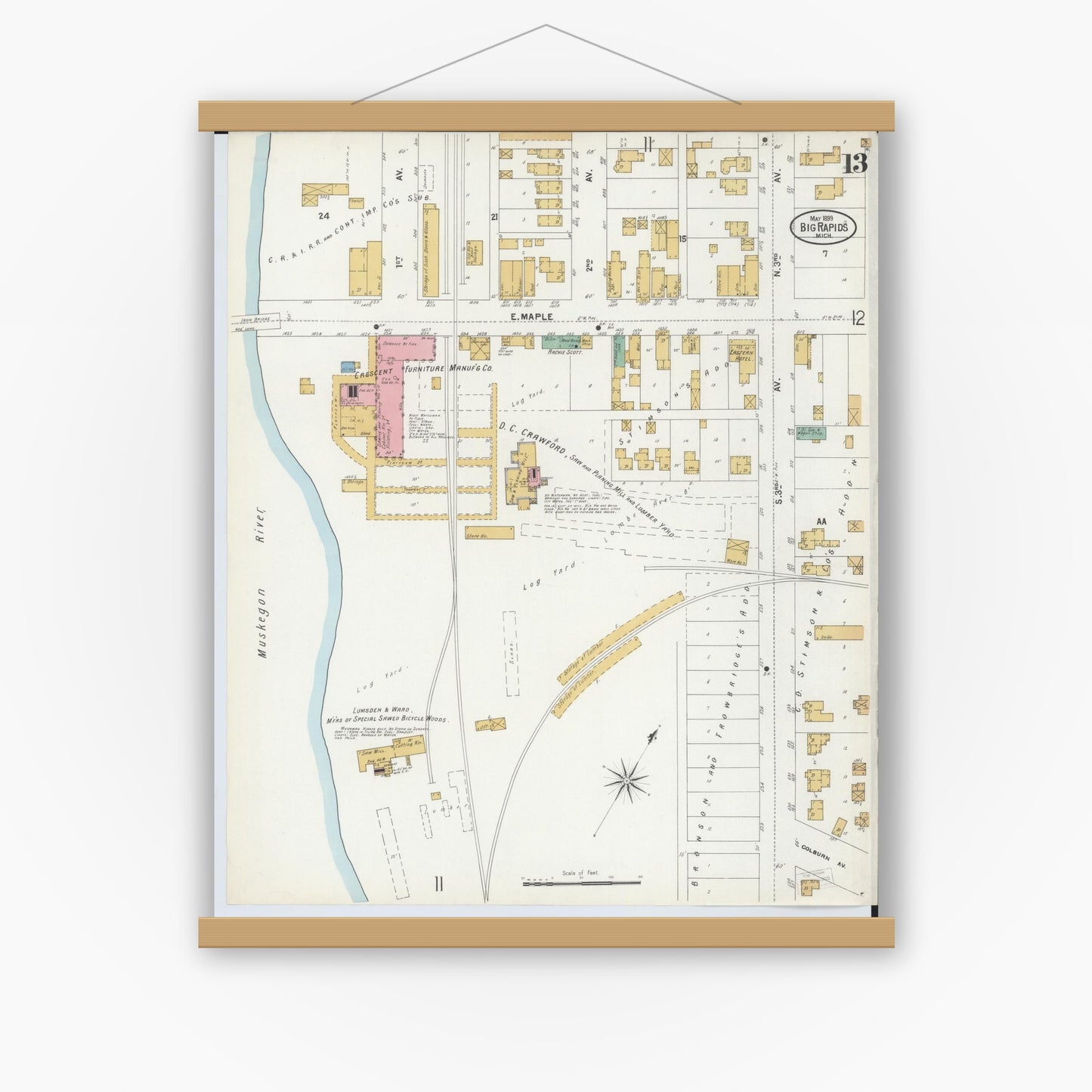 Old map wall art mockup — magnetic wood frame on white wall — Sanborn Fire Insurance Map from Big Rapids, Mecosta County, Michigan (1899), Sheet #0013
