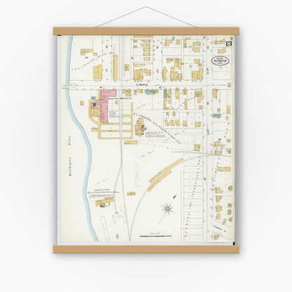 Old map wall art mockup — magnetic wood frame on white wall — Sanborn Fire Insurance Map from Big Rapids, Mecosta County, Michigan (1899), Sheet #0013