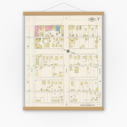 Old map wall art mockup — magnetic wood frame on white wall — Sanborn Fire Insurance Map from Newman, Stanislaus County, California (1920), Sheet #0007