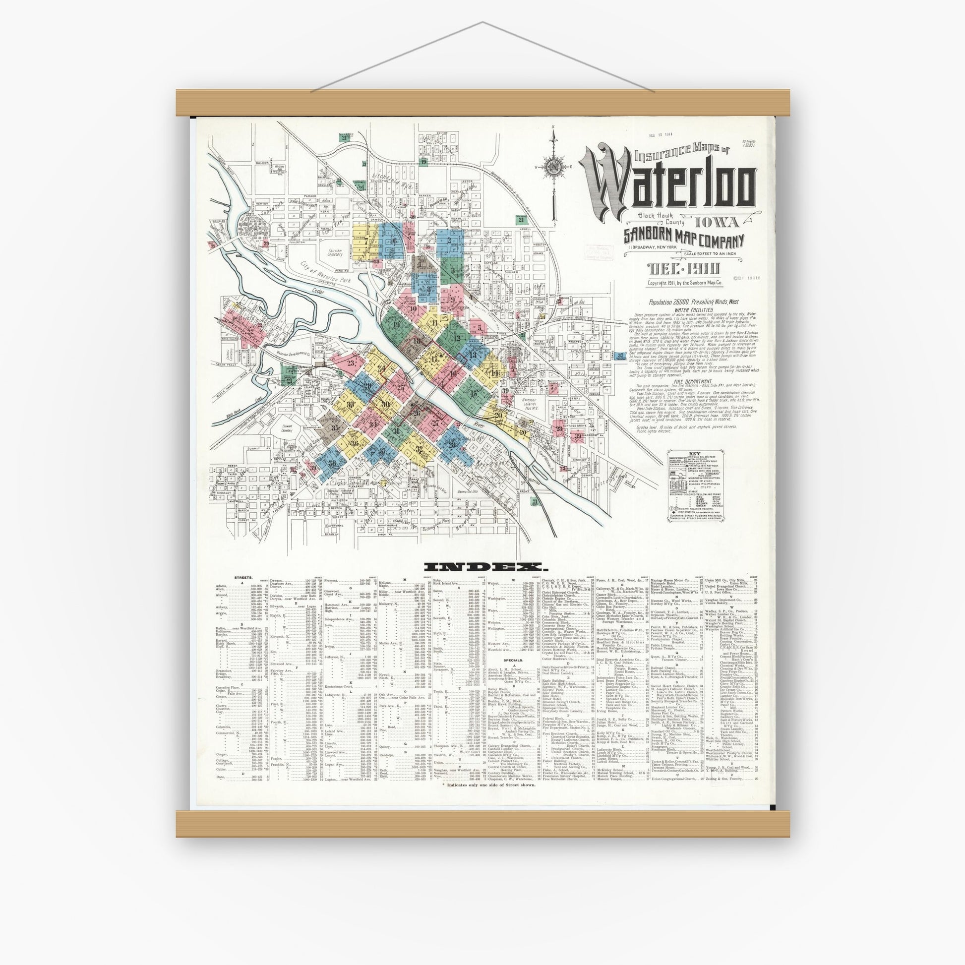 Old map wall art mockup — magnetic wood frame on white wall — Sanborn Fire Insurance Map from Waterloo, Black Hawk County, Iowa (1910), Sheet #0001
