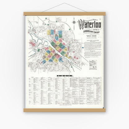 Old map wall art mockup — magnetic wood frame on white wall — Sanborn Fire Insurance Map from Waterloo, Black Hawk County, Iowa (1910), Sheet #0001