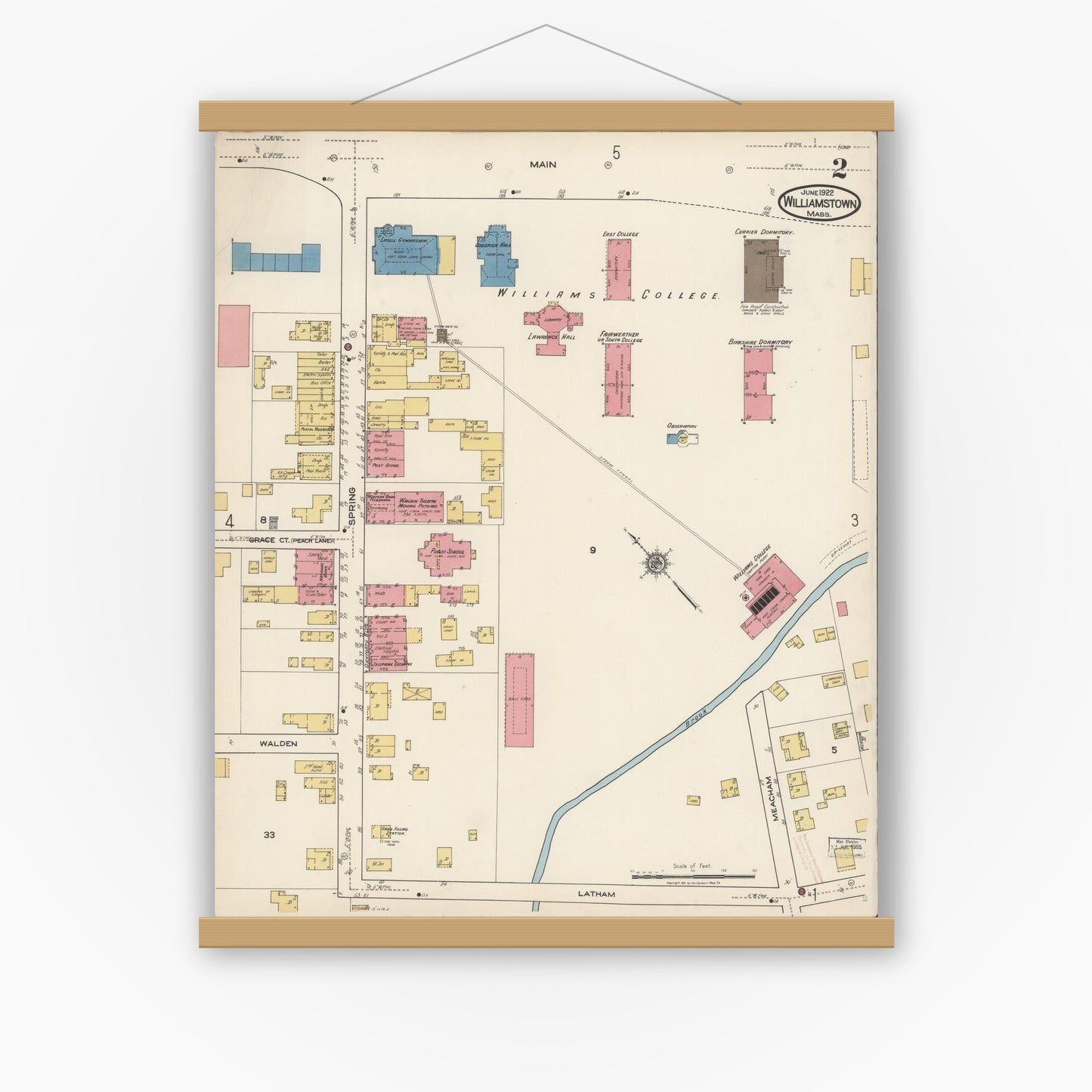 Old map wall art mockup — magnetic wood frame on white wall — Sanborn Fire Insurance Map from Williamstown, Berkshire County, Massachusetts (1922), Sheet #0002