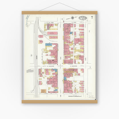 Old map wall art mockup — magnetic wood frame on white wall — Sanborn Fire Insurance Map from Pottstown, Montgomery County, Pennsylvania (1916), Sheet #0007