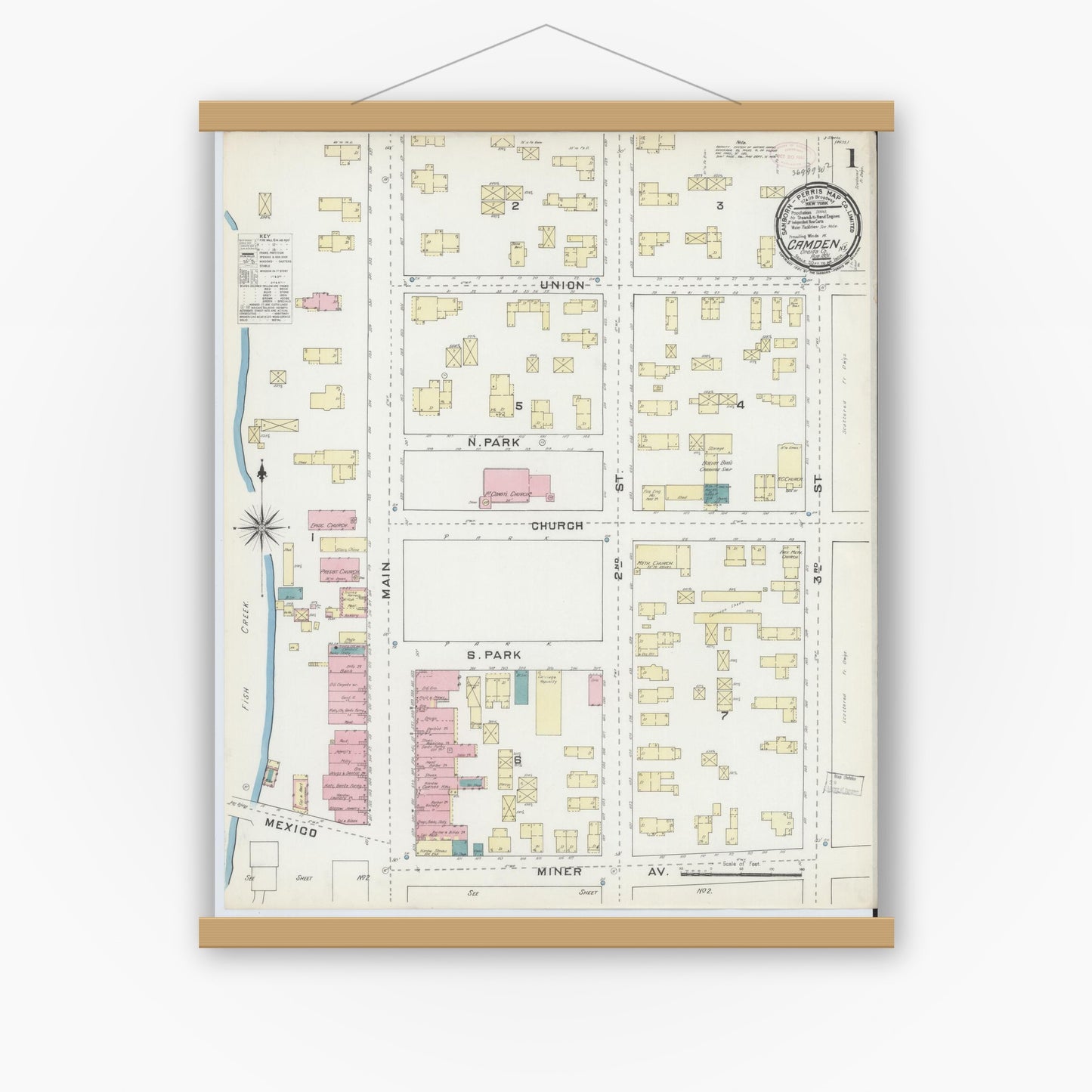 Old map wall art mockup — magnetic wood frame on white wall — Sanborn Fire Insurance Map from Camden, Oneida County, New York (1891) - Complete Map Set