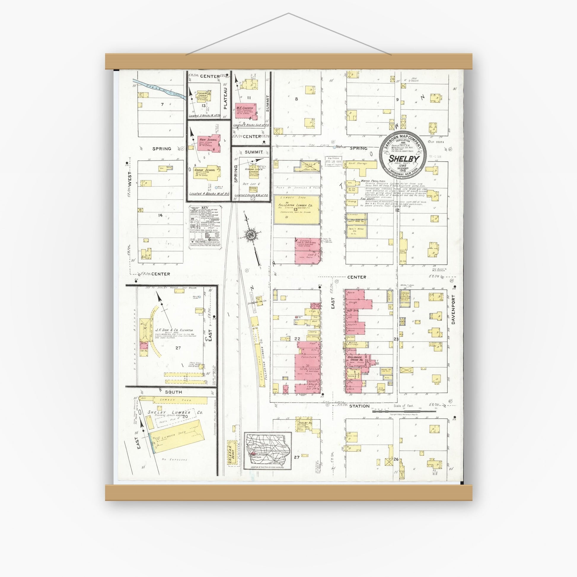 Old map wall art mockup — magnetic wood frame on white wall — Sanborn Fire Insurance Map from Shelby, Shelby County, Iowa (1918), Sheet #0001