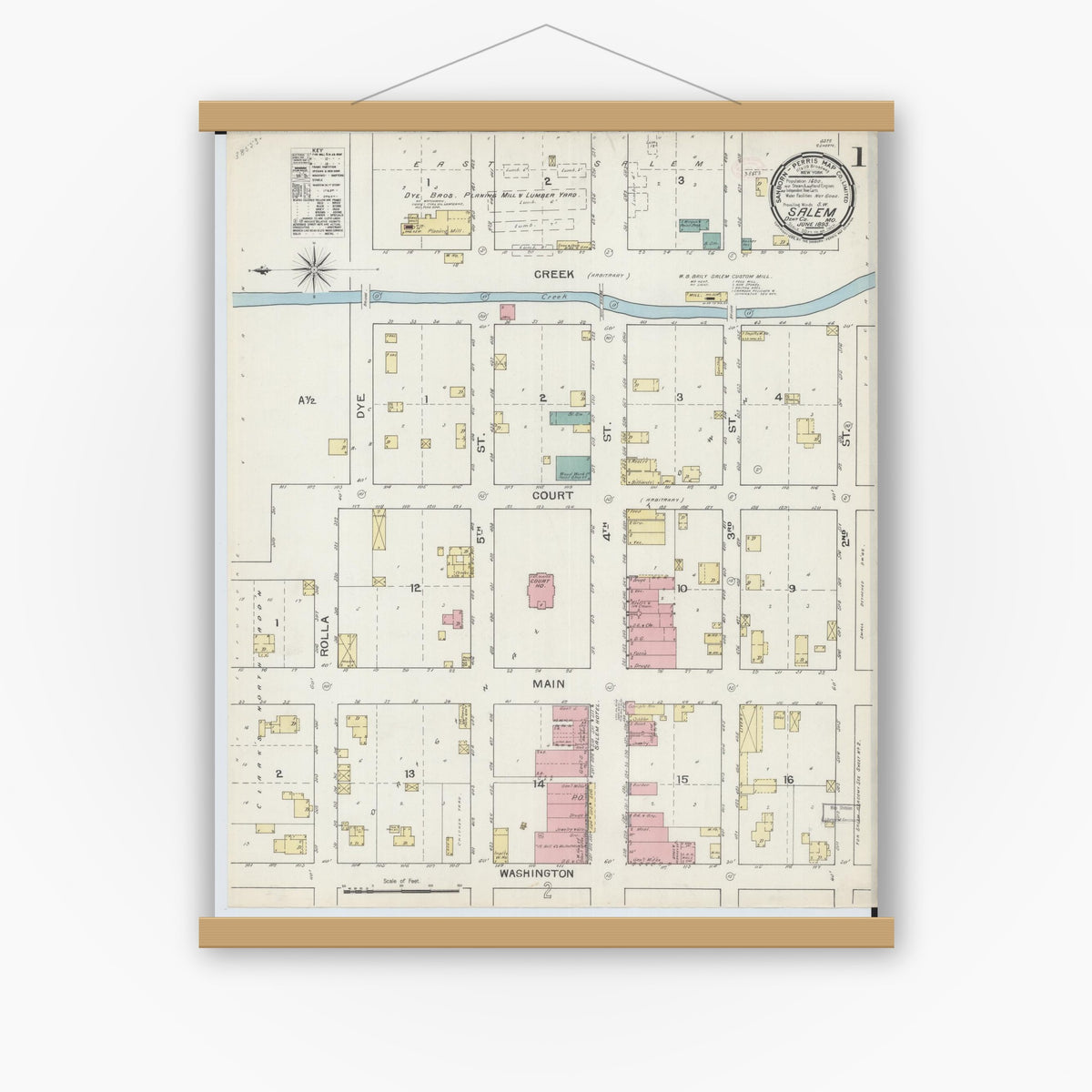 Old map wall art mockup — magnetic wood frame on white wall — Sanborn Fire Insurance Map from Salem, Dent County, Missouri (1893), Sheet #0001