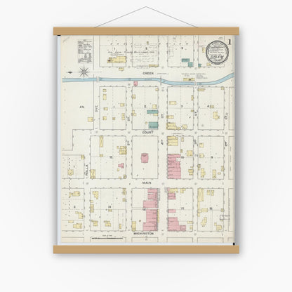 Old map wall art mockup — magnetic wood frame on white wall — Sanborn Fire Insurance Map from Salem, Dent County, Missouri (1893), Sheet #0001
