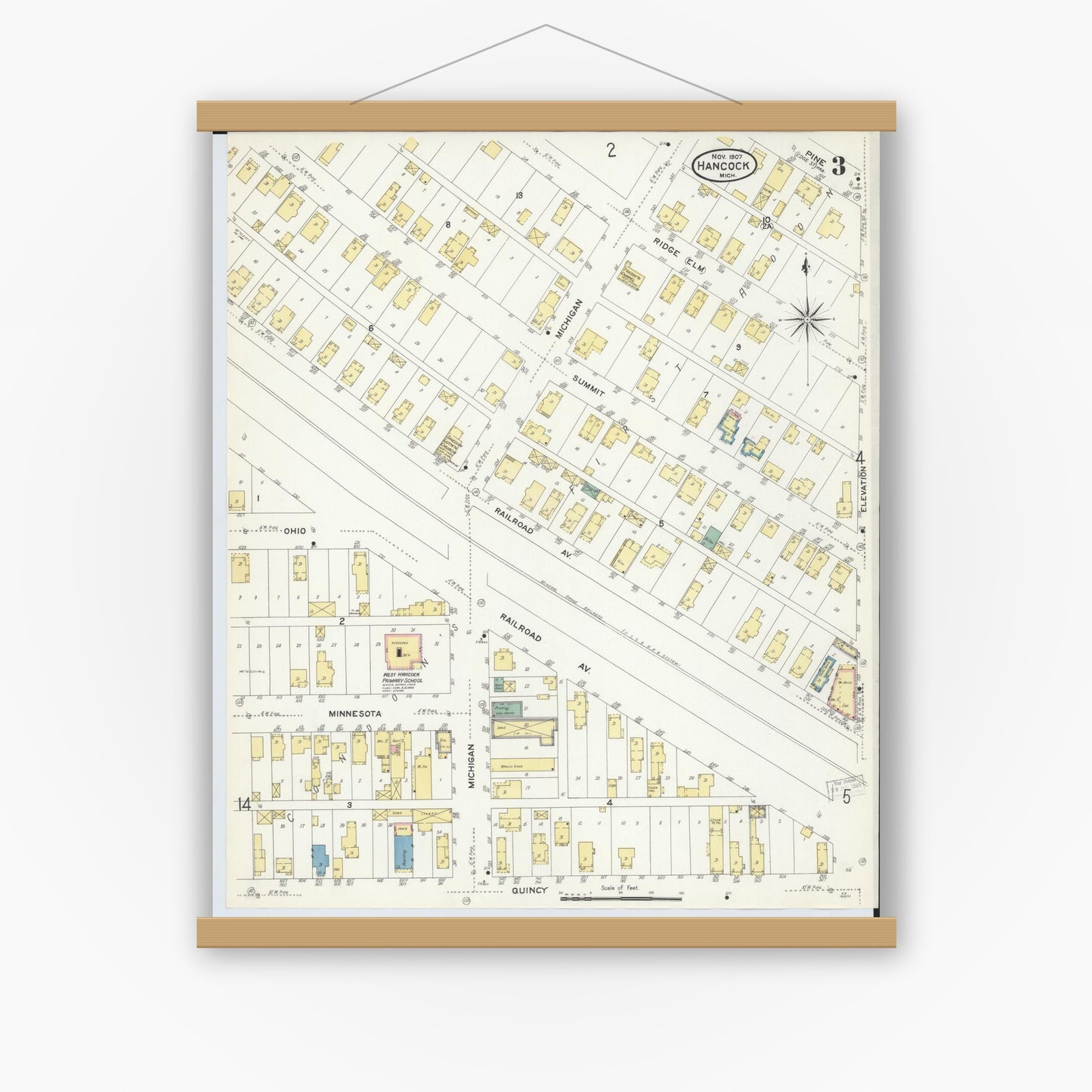 Old map wall art mockup — magnetic wood frame on white wall — Sanborn Fire Insurance Map from Hancock, Houghton County, Michigan (1907), Sheet #0003