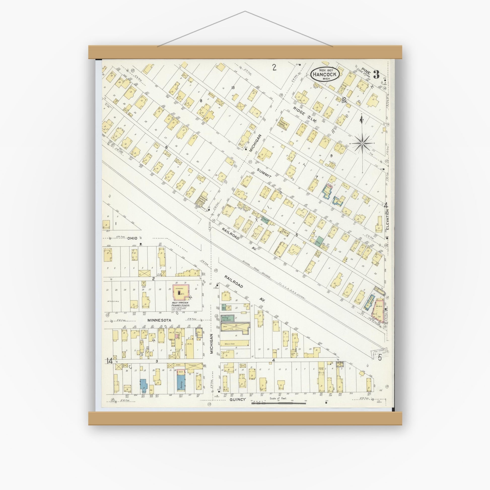 Old map wall art mockup — magnetic wood frame on white wall — Sanborn Fire Insurance Map from Hancock, Houghton County, Michigan (1907), Sheet #0003