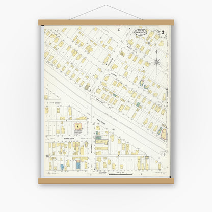 Old map wall art mockup — magnetic wood frame on white wall — Sanborn Fire Insurance Map from Hancock, Houghton County, Michigan (1907), Sheet #0003