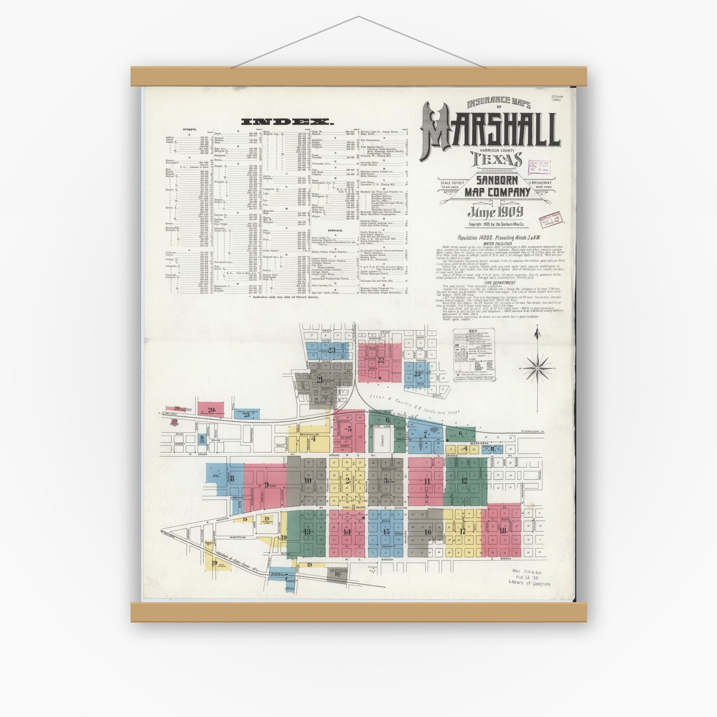 Old map wall art mockup — magnetic wood frame on white wall — Sanborn Fire Insurance Map from Marshall, Harrison County, Texas (1909) - Complete Map Set