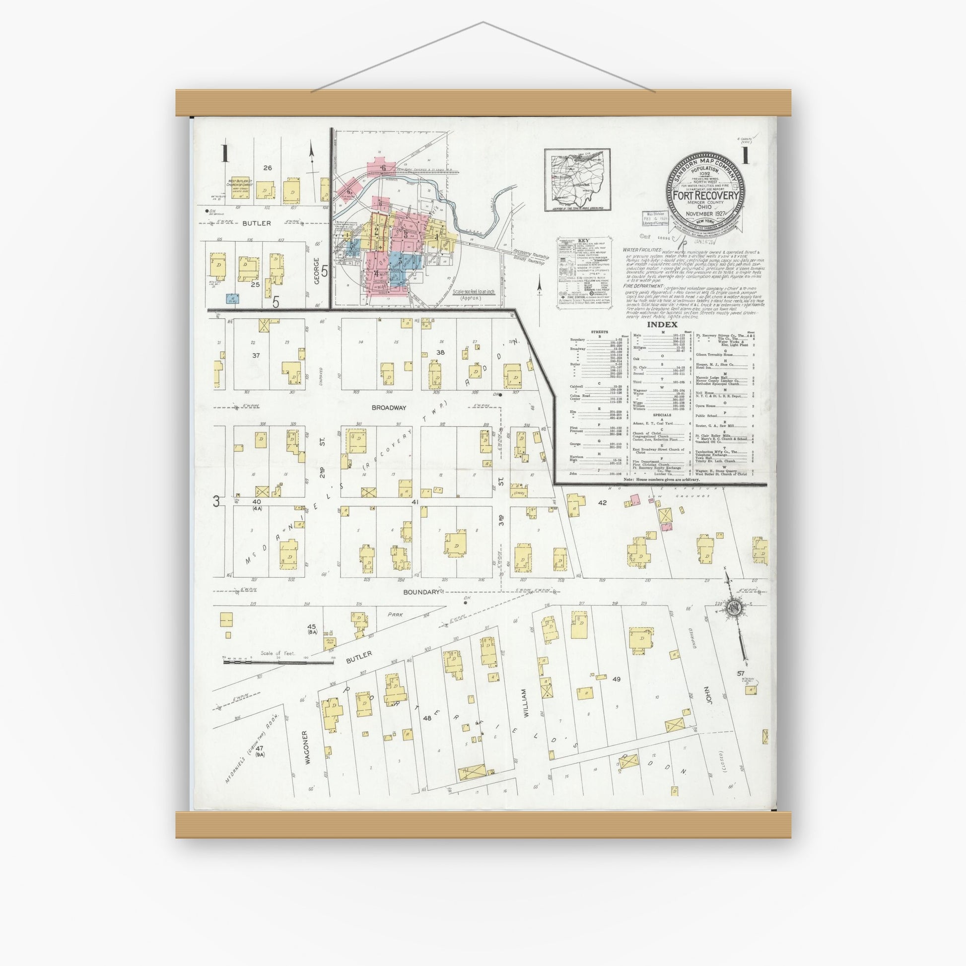 Old map wall art mockup — magnetic wood frame on white wall — Sanborn Fire Insurance Map from Fort Recovery, Mercer County, Ohio (1927), Sheet #0001