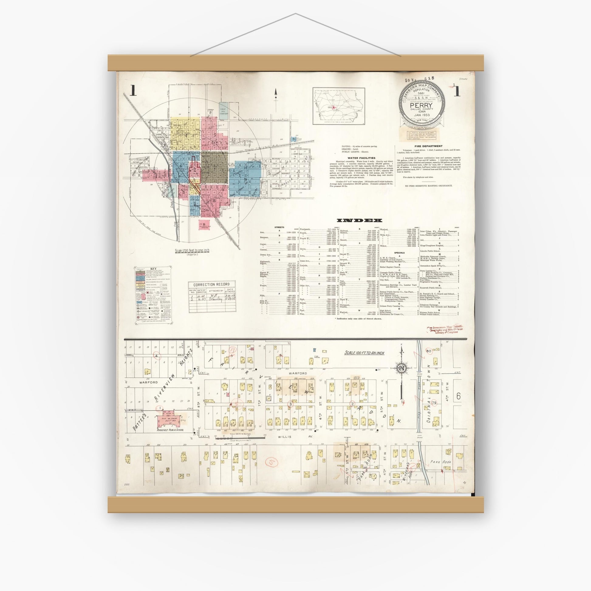 Old map wall art mockup — magnetic wood frame on white wall — Sanborn Fire Insurance Map from Perry, Dallas County, Iowa (1947) â€” Complete Set