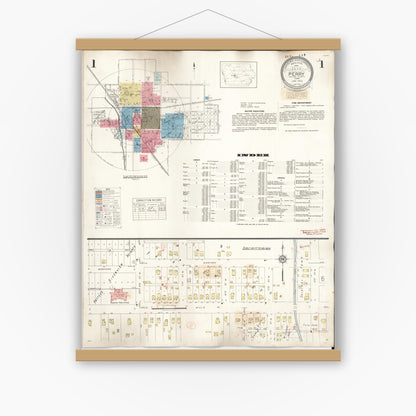 Old map wall art mockup — magnetic wood frame on white wall — Sanborn Fire Insurance Map from Perry, Dallas County, Iowa (1947) â€” Complete Set