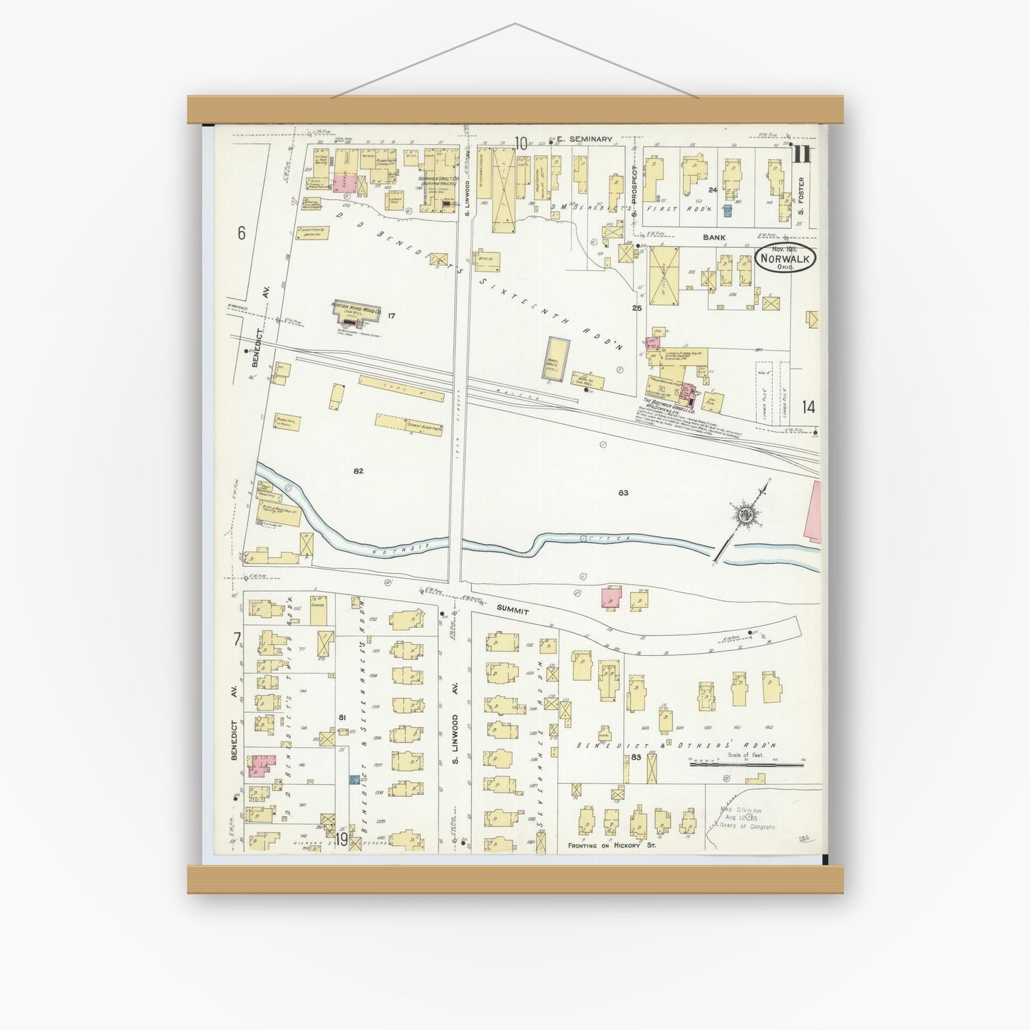 Old map wall art mockup — magnetic wood frame on white wall — Sanborn Fire Insurance Map from Norwalk, Huron County, Ohio (1911), Sheet #0011