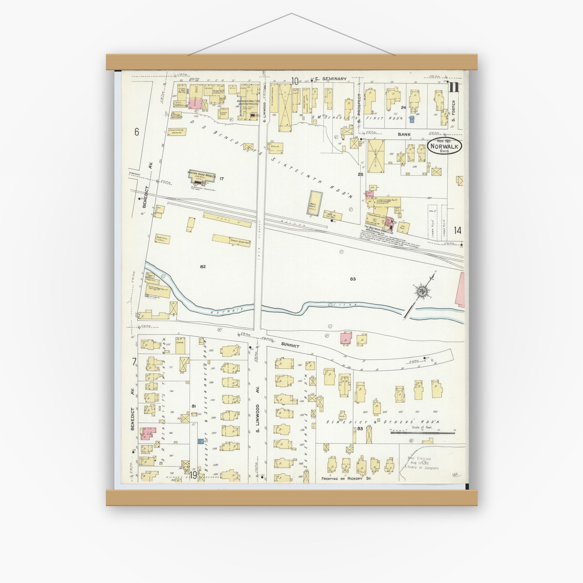 Old map wall art mockup — magnetic wood frame on white wall — Sanborn Fire Insurance Map from Norwalk, Huron County, Ohio (1911), Sheet #0011
