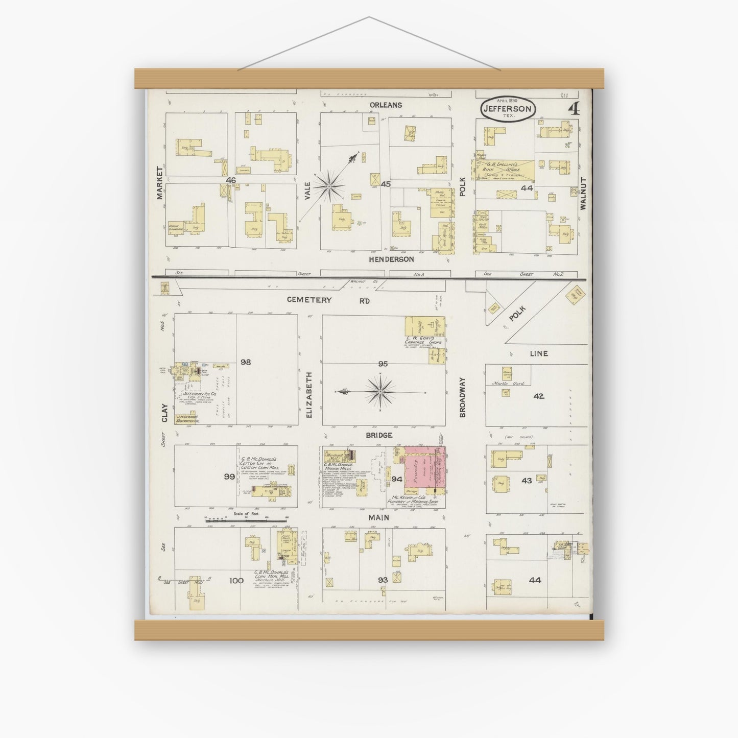 Old map wall art mockup — magnetic wood frame on white wall — Sanborn Fire Insurance Map from Jefferson, Marion County, Texas (1890), Sheet #0004