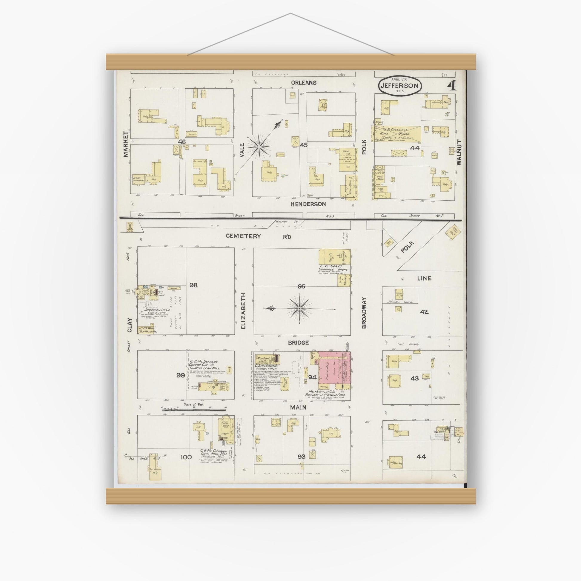 Old map wall art mockup — magnetic wood frame on white wall — Sanborn Fire Insurance Map from Jefferson, Marion County, Texas (1890), Sheet #0004