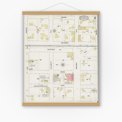 Old map wall art mockup — magnetic wood frame on white wall — Sanborn Fire Insurance Map from Jefferson, Marion County, Texas (1890), Sheet #0004