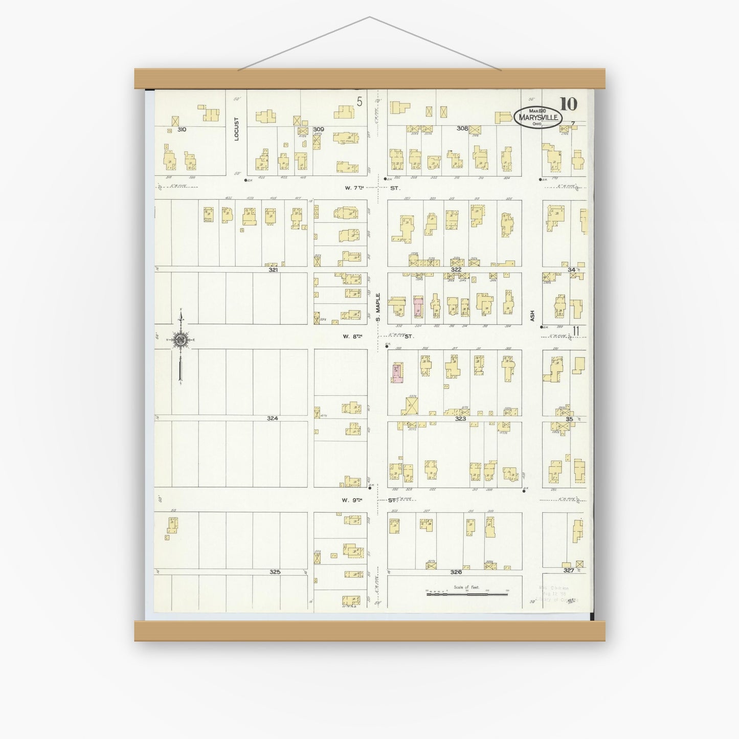 Old map wall art mockup — magnetic wood frame on white wall — Sanborn Fire Insurance Map from Marysville, Union County, Ohio (1910), Sheet #0010