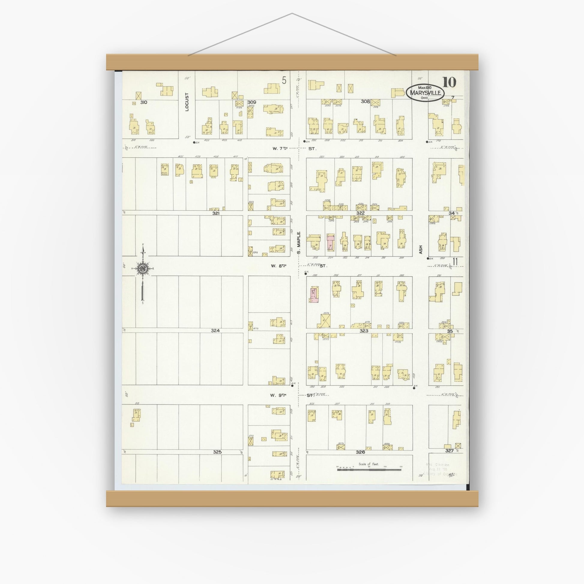 Old map wall art mockup — magnetic wood frame on white wall — Sanborn Fire Insurance Map from Marysville, Union County, Ohio (1910), Sheet #0010