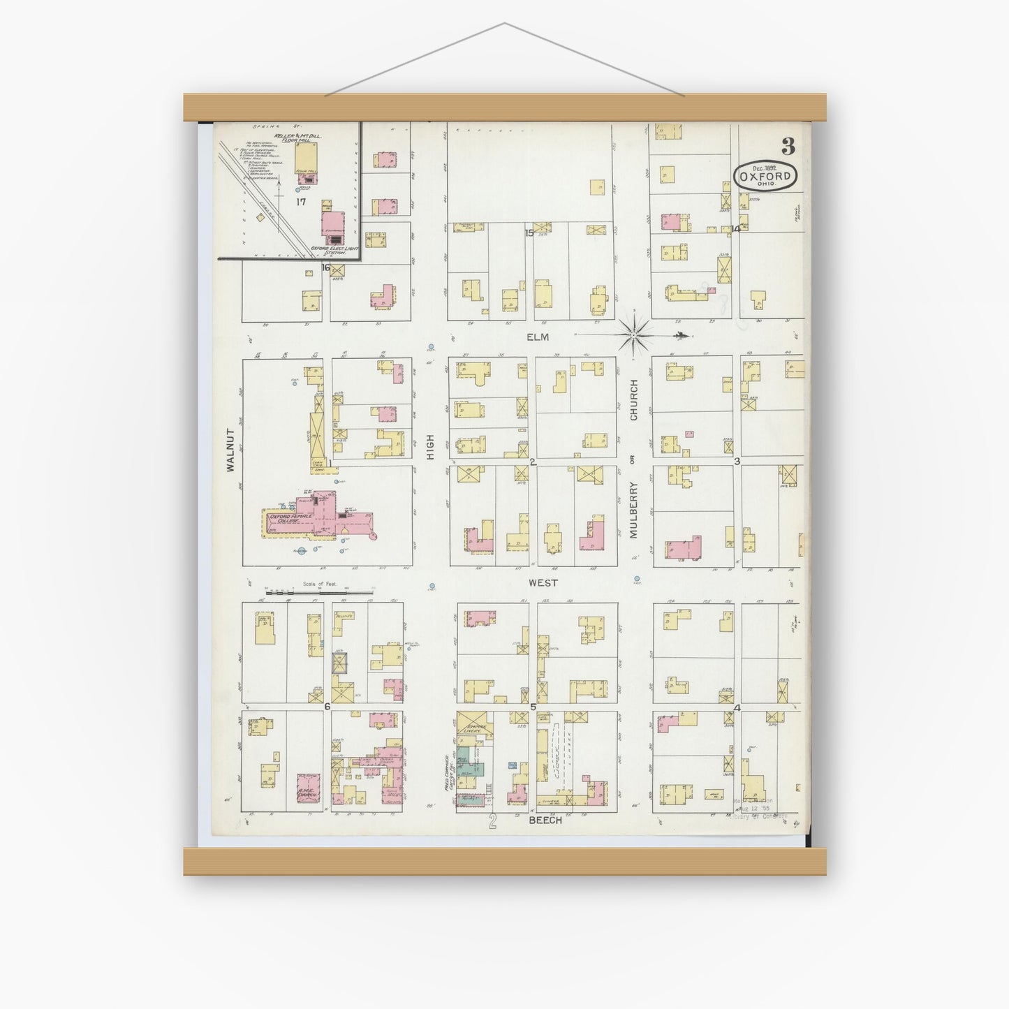 Old map wall art mockup — magnetic wood frame on white wall — Sanborn Fire Insurance Map from Oxford, Butler County, Ohio (1892), Sheet #0003