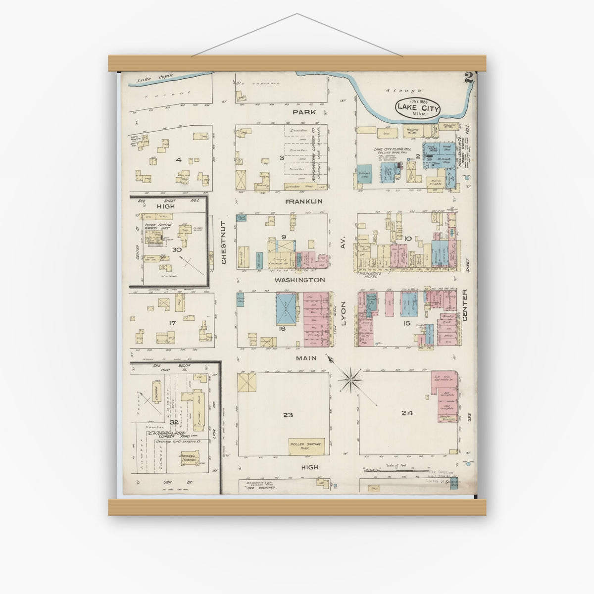 Old map wall art mockup — magnetic wood frame on white wall — Sanborn Fire Insurance Map from Lake City, Wabasha County, Minnesota (1885), Sheet #0002