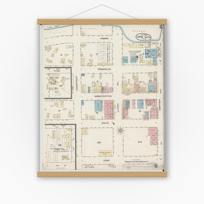 Old map wall art mockup — magnetic wood frame on white wall — Sanborn Fire Insurance Map from Lake City, Wabasha County, Minnesota (1885), Sheet #0002