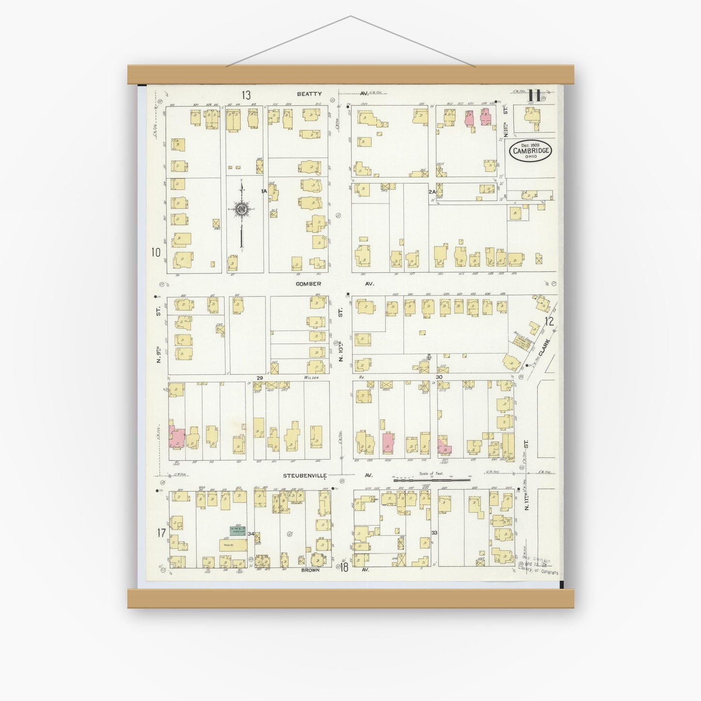 Old map wall art mockup — magnetic wood frame on white wall — Sanborn Fire Insurance Map from Cambridge, Guernsey County, Ohio (1909), Sheet #0011