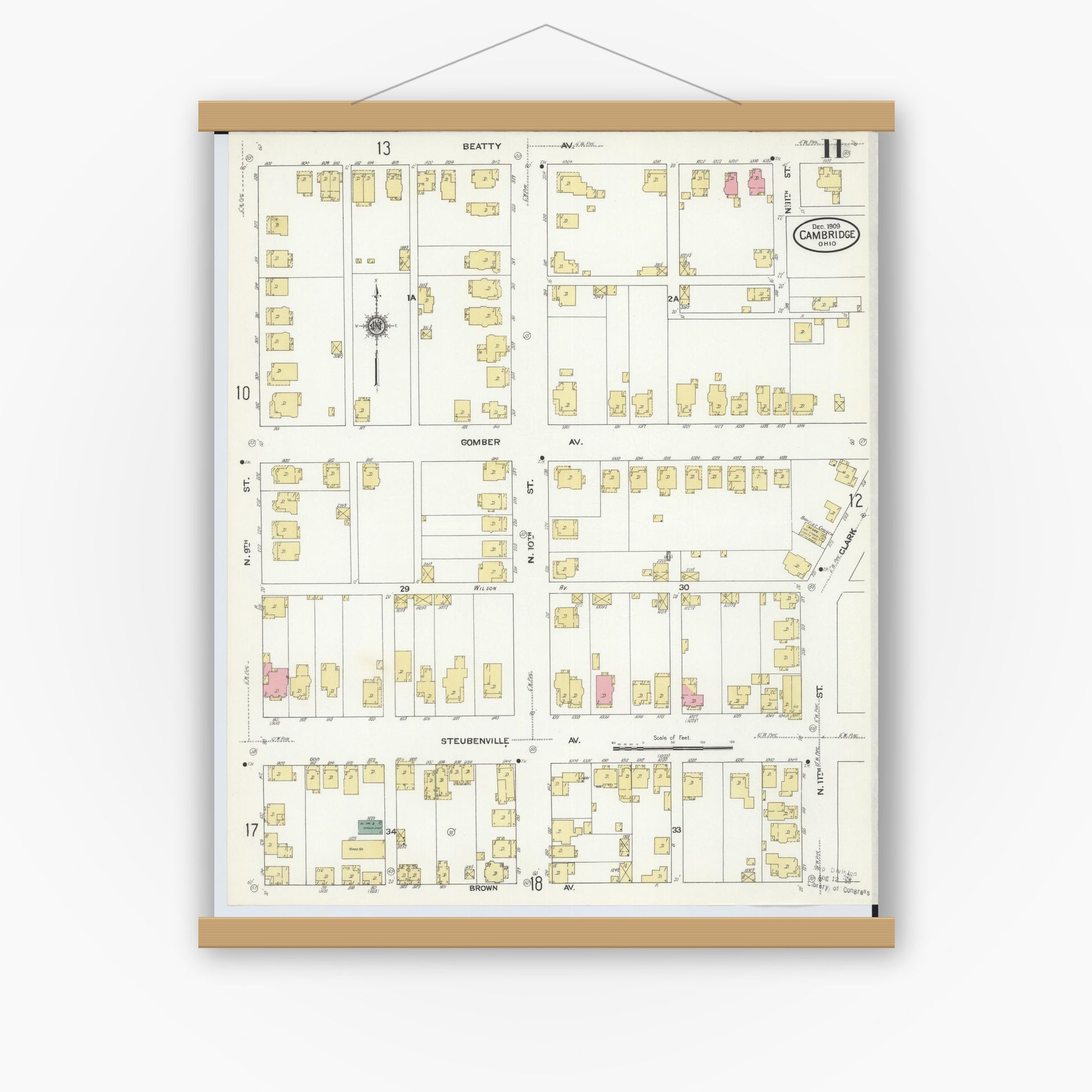 Old map wall art mockup — magnetic wood frame on white wall — Sanborn Fire Insurance Map from Cambridge, Guernsey County, Ohio (1909), Sheet #0011