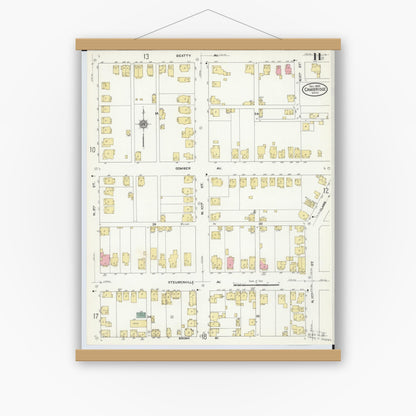 Old map wall art mockup — magnetic wood frame on white wall — Sanborn Fire Insurance Map from Cambridge, Guernsey County, Ohio (1909), Sheet #0011