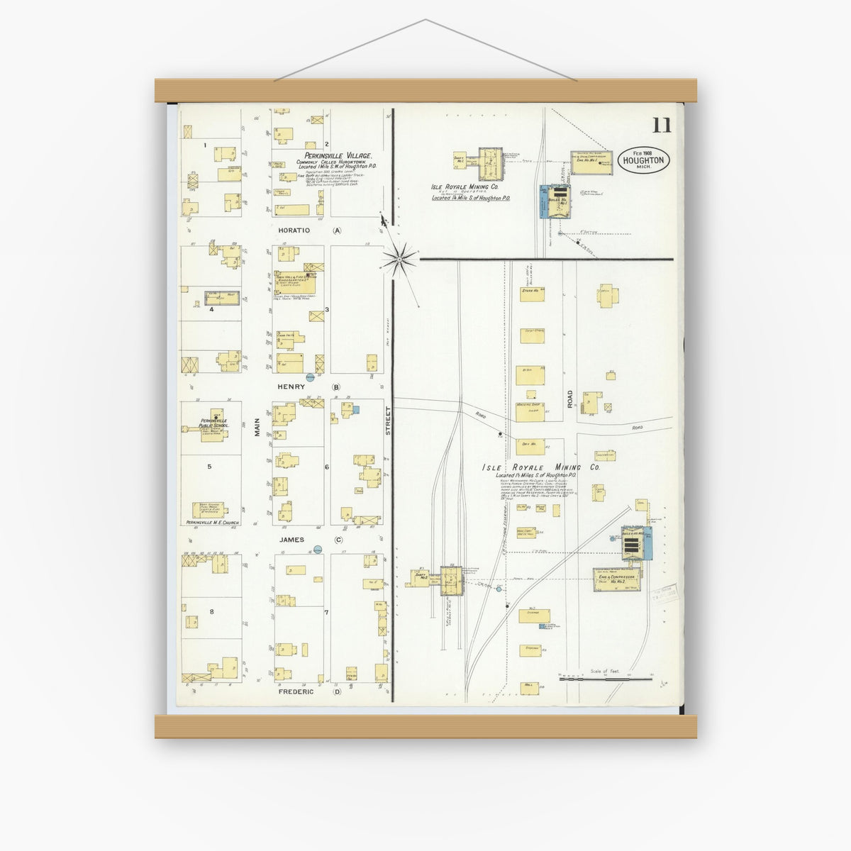 Old map wall art mockup — magnetic wood frame on white wall — Sanborn Fire Insurance Map from Houghton, Houghton County, Michigan (1908), Sheet #0011