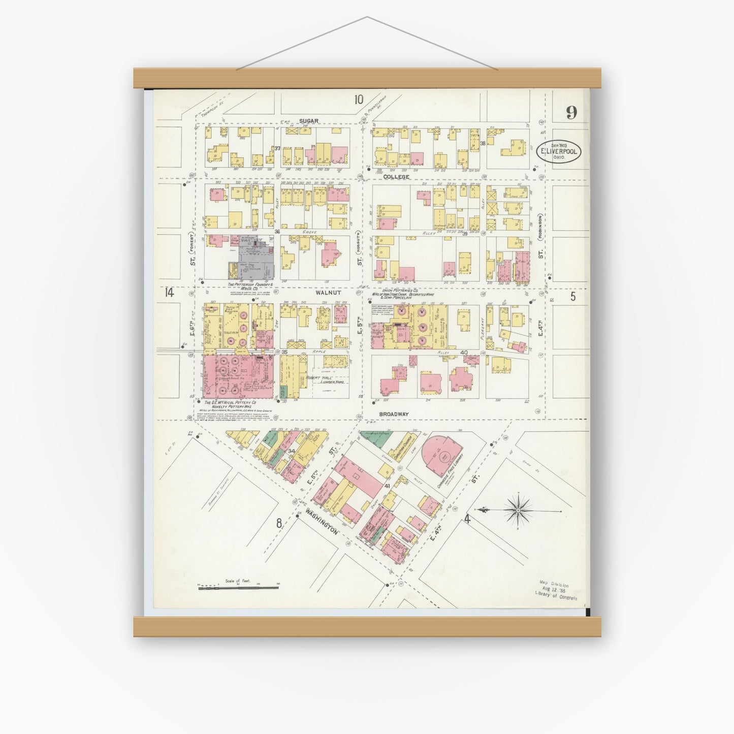 Old map wall art mockup — magnetic wood frame on white wall — Sanborn Fire Insurance Map from East Liverpool, Columbiana County, Ohio (1903), Sheet #0009