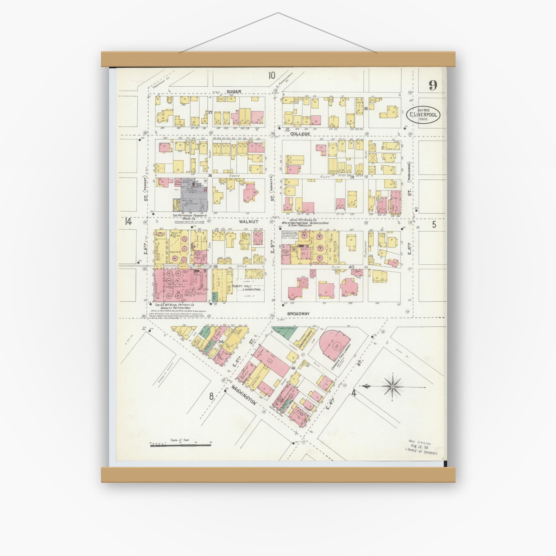 Old map wall art mockup — magnetic wood frame on white wall — Sanborn Fire Insurance Map from East Liverpool, Columbiana County, Ohio (1903), Sheet #0009