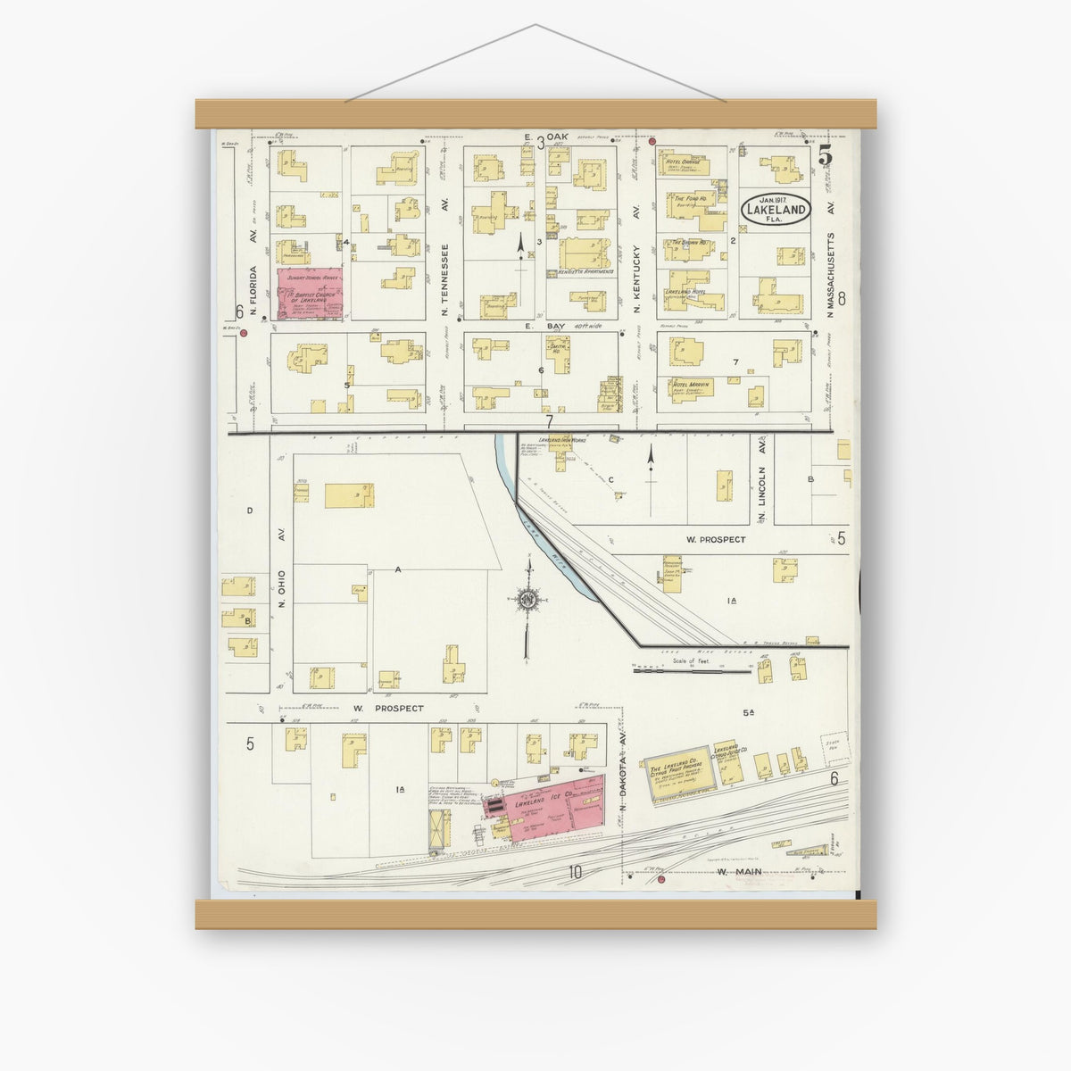 Old map wall art mockup — magnetic wood frame on white wall — Sanborn Fire Insurance Map from Lakeland, Polk County, Florida (1917), Sheet #0005