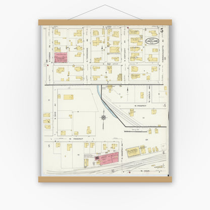 Old map wall art mockup — magnetic wood frame on white wall — Sanborn Fire Insurance Map from Lakeland, Polk County, Florida (1917), Sheet #0005