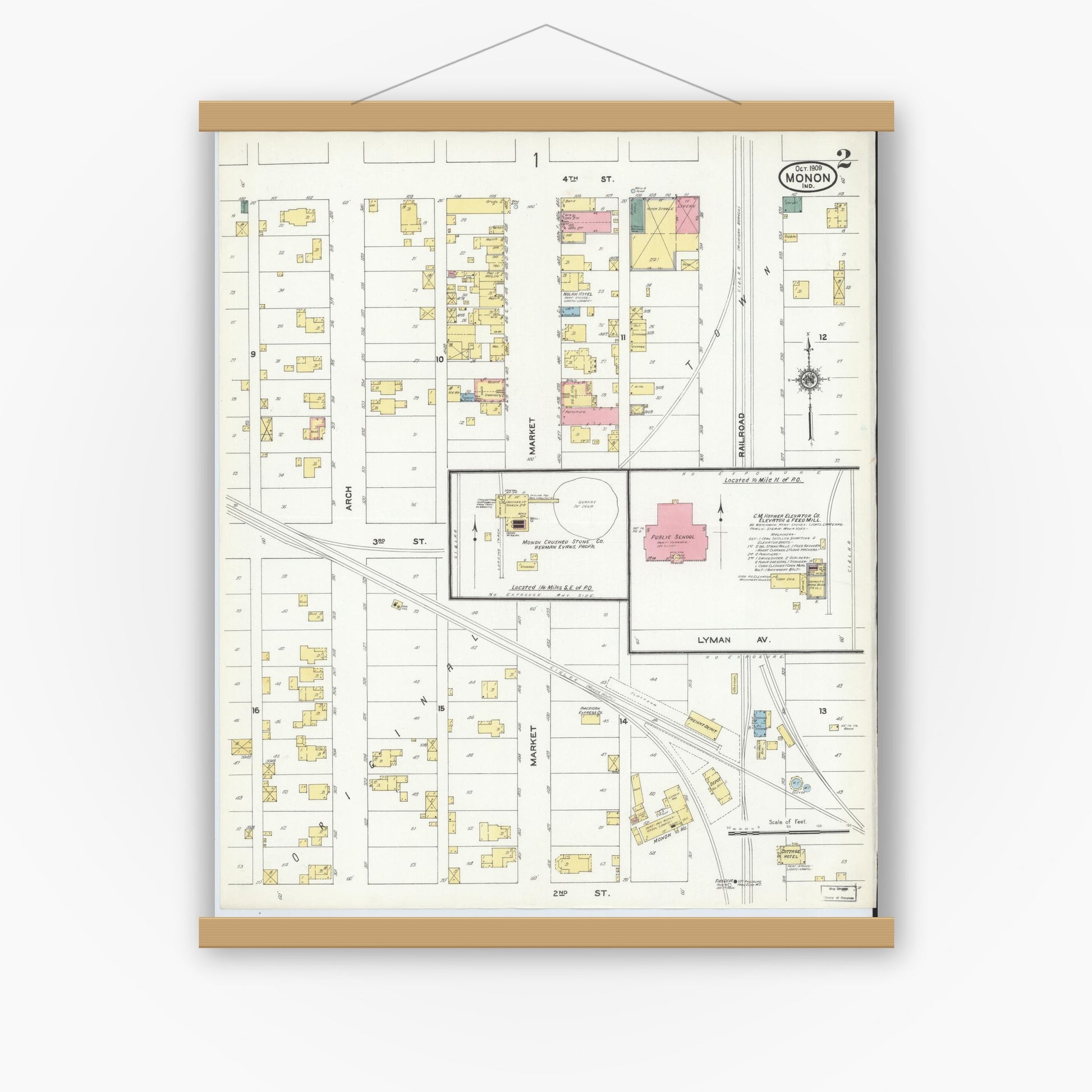 Old map wall art mockup — magnetic wood frame on white wall — Sanborn Fire Insurance Map from Monon, White County, Indiana (1909), Sheet #0002