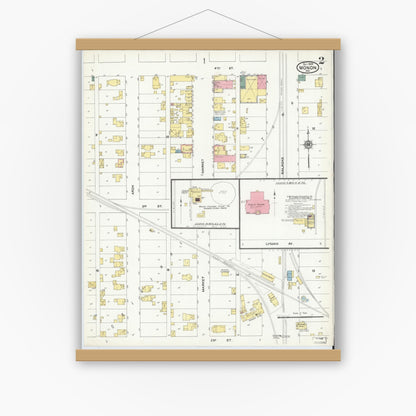 Old map wall art mockup — magnetic wood frame on white wall — Sanborn Fire Insurance Map from Monon, White County, Indiana (1909), Sheet #0002