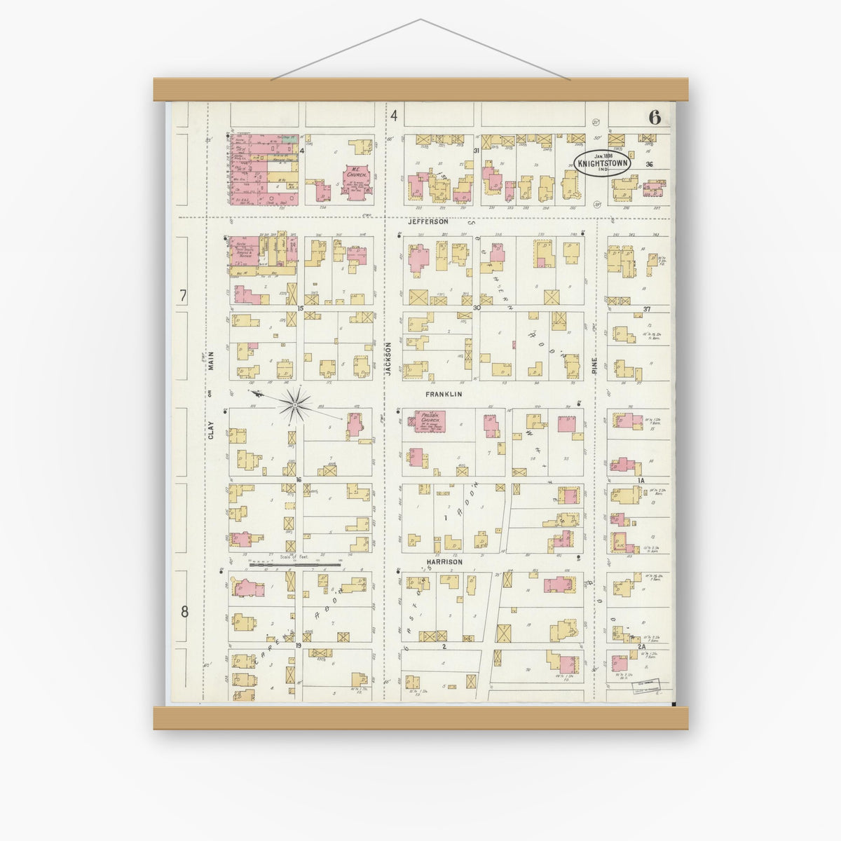 Old map wall art mockup — magnetic wood frame on white wall — Sanborn Fire Insurance Map from Knightstown, Henry County, Indiana (1898), Sheet #0006