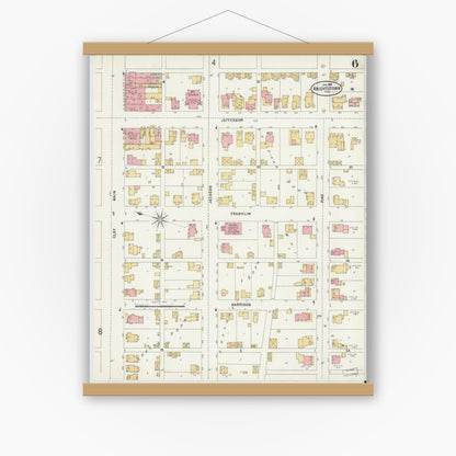 Old map wall art mockup — magnetic wood frame on white wall — Sanborn Fire Insurance Map from Knightstown, Henry County, Indiana (1898), Sheet #0006