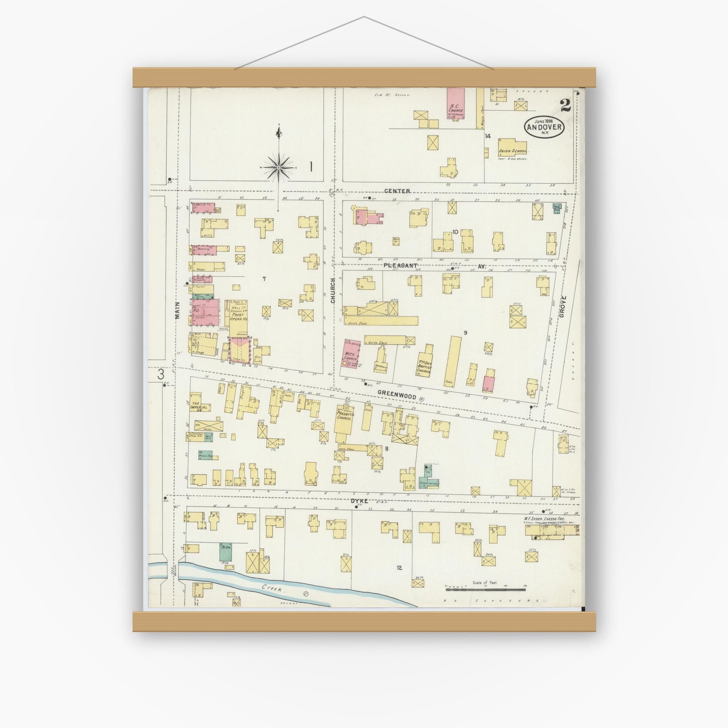 Old map wall art mockup — magnetic wood frame on white wall — Sanborn Fire Insurance Map from Andover, Allegany County, New York (1898), Sheet #0002